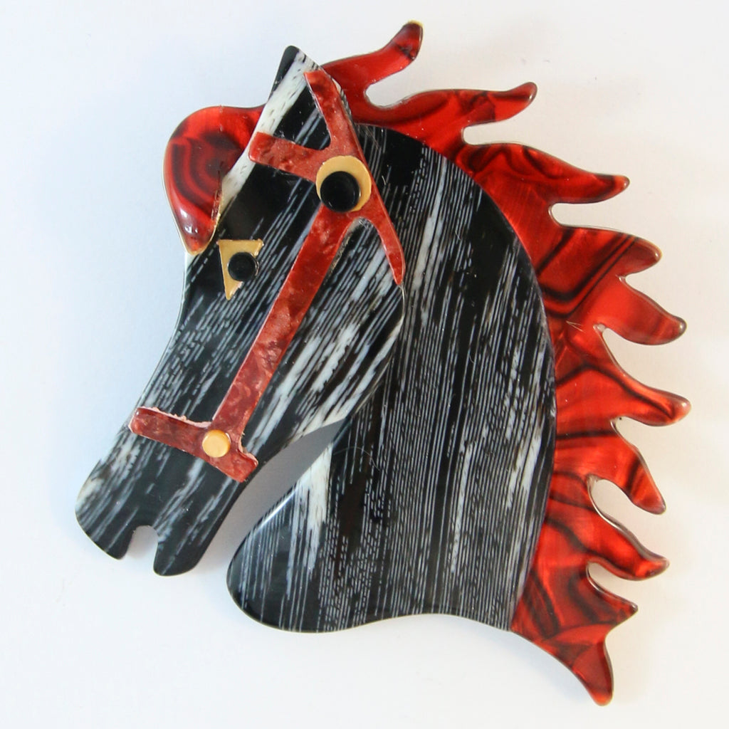 Signed Lea Stein Butter The Horse Head Brooch Pin - Black & Red Marble