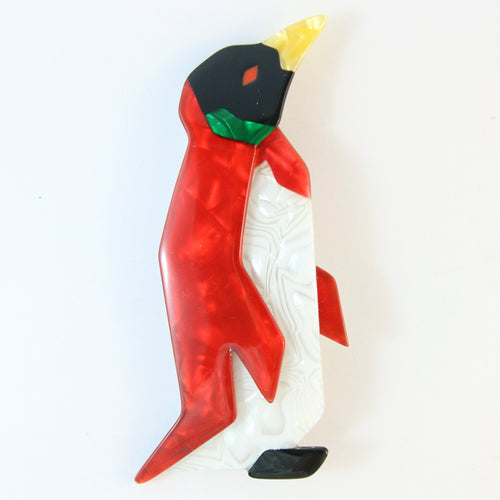 Lea Stein Signed Penguin Brooch Pin - Black, Red, Green, Yellow, White
