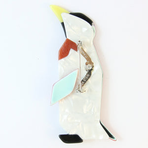 Lea Stein Signed Penguin Brooch Pin - Black, Red, Green, Yellow, White