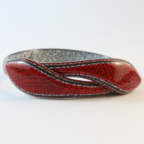 Signed Lea Stein Snake Bangle - Cracked Red & Black