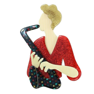 Lea Stein Signed Saxophonist Sax Lady Brooch Pin - Multi Glitter