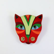 Load image into Gallery viewer, Pavone Signed Multi Coloured Tribal Cat Mask Brooch Pin