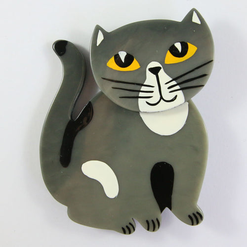 Pavone Signed Large Sitting Grey Cat, Yellow, Black