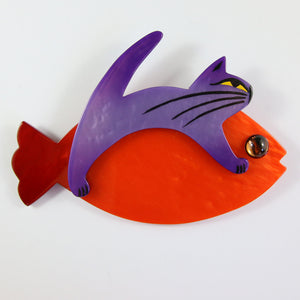 Pavone Signed Large Orange Fish, Flying Purple Cat Brooch Pin