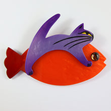 Load image into Gallery viewer, Pavone Signed Large Orange Fish, Flying Purple Cat Brooch Pin