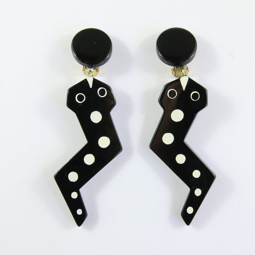 Pavone (France) Signed Drop Dangle Men Black & White Earrings (Clip-On)