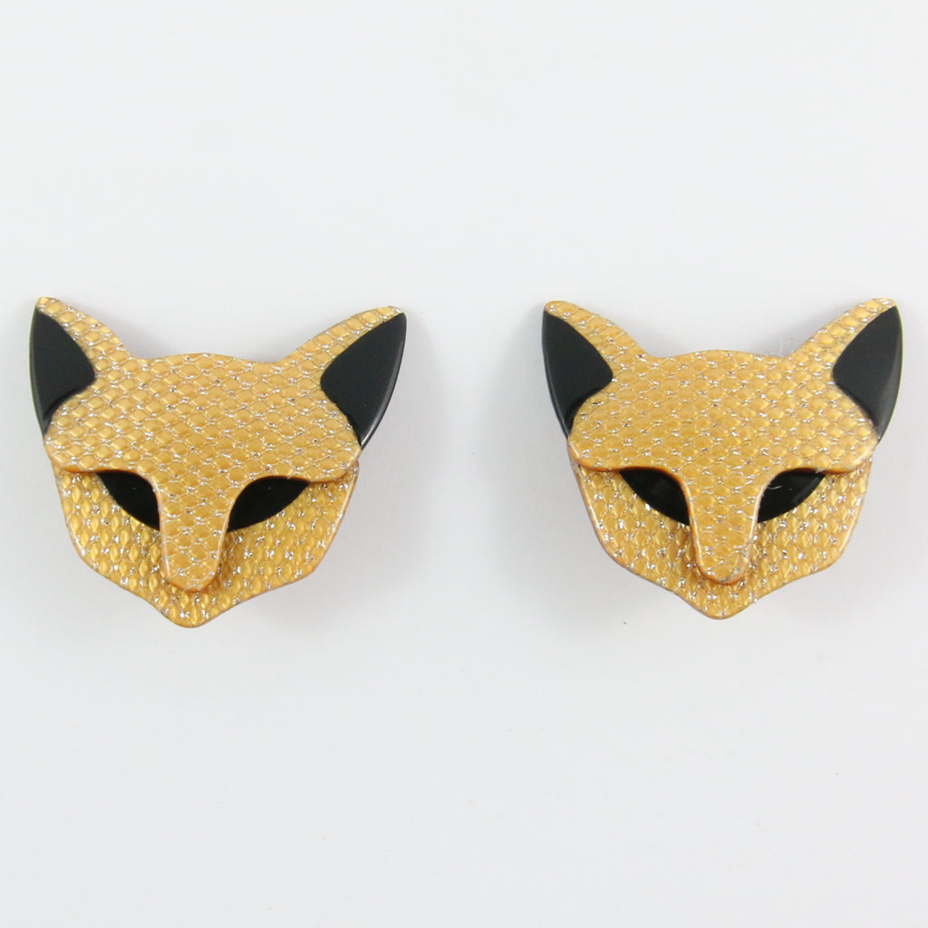 Lea Stein Quarrelsome Cat Earrings - Beige Glitter & Black