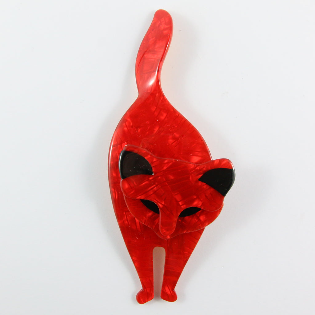 Lea Stein Bacchus Standing Cat Brooch Pin - Red Swirly & Black