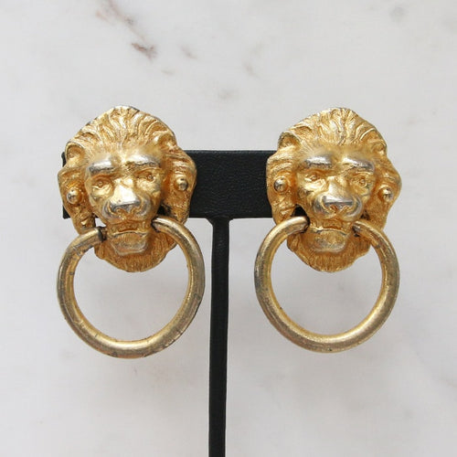 Vintage Gold-Tone Lion Head Clip-On Earrings c. 1980 (Clip-On)