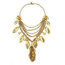 Load image into Gallery viewer, Miriam Haskell Signed Vintage Brass Multi Chain Bib Fringe Necklace with Textured Leaves c.1970