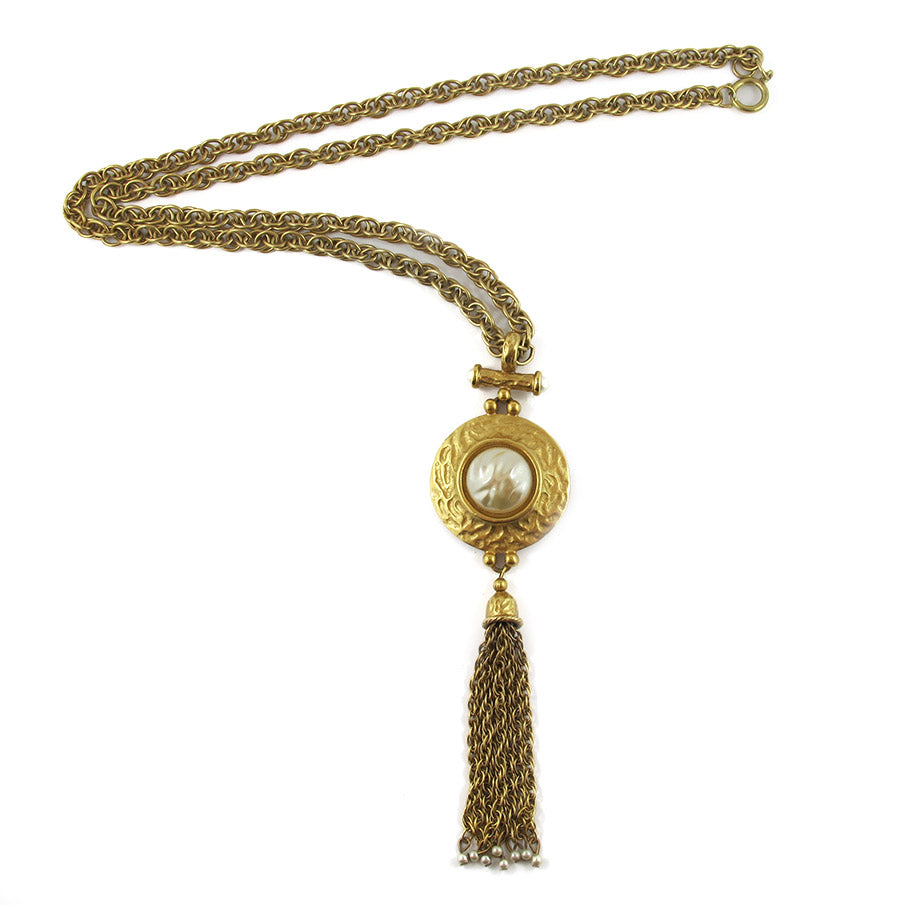 Vintage Gold Plated Tassel Necklace with Faux Pearl Feature