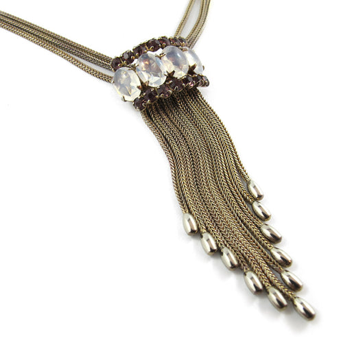 Vintage Delicate Soft Gold Plated Graduated Tassel Necklace w Crystals