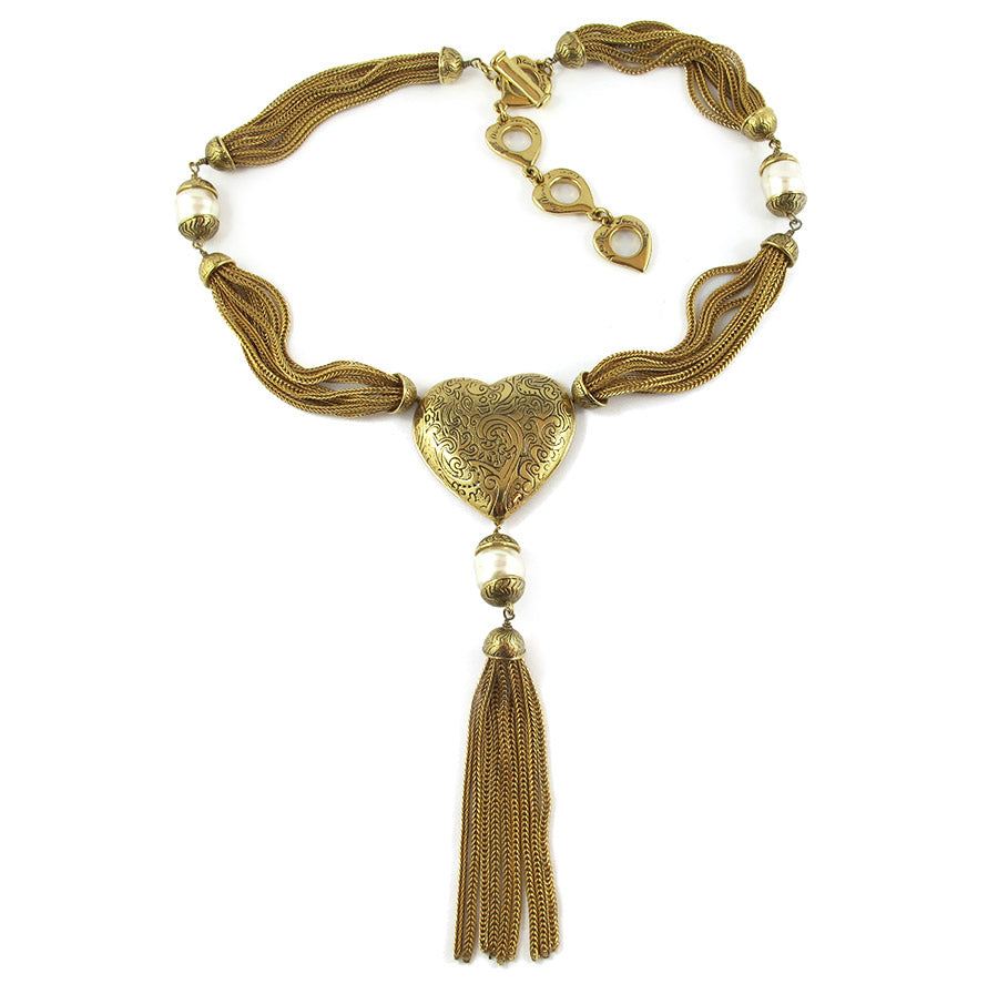 Vintage Signed 'Yves Saint Laurant - YSL' Heart Necklace w Faux Pearl Accents