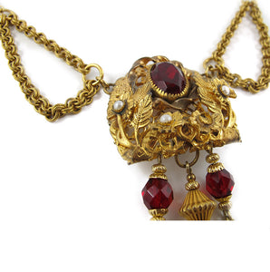 Vintage Ornate Gold Plated Triple Tassel Necklace w Ruby Red Crystal, Seed Pearl