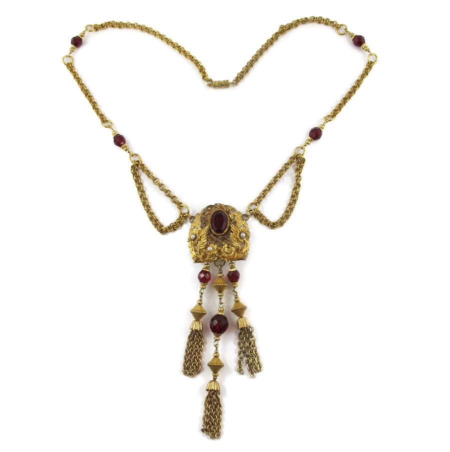 Vintage Ornate Gold Plated Triple Tassel Necklace w Ruby Red Crystal, Seed Pearl