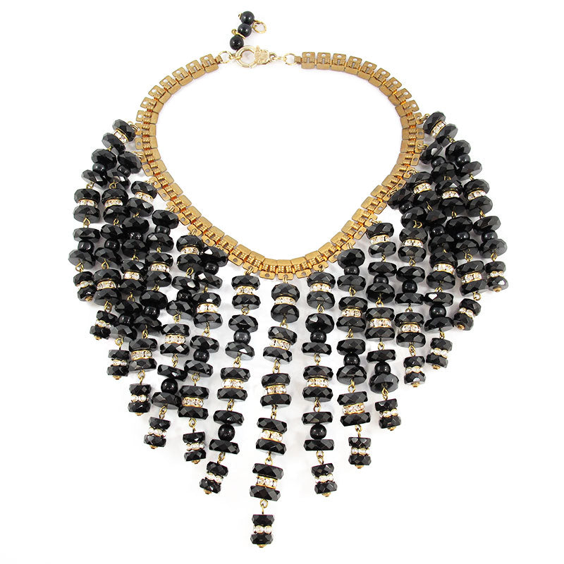 Vintage unsigned black glass beaded multi strand collar necklace c. 1970