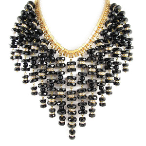 Vintage unsigned black glass beaded multi strand collar necklace c. 1970