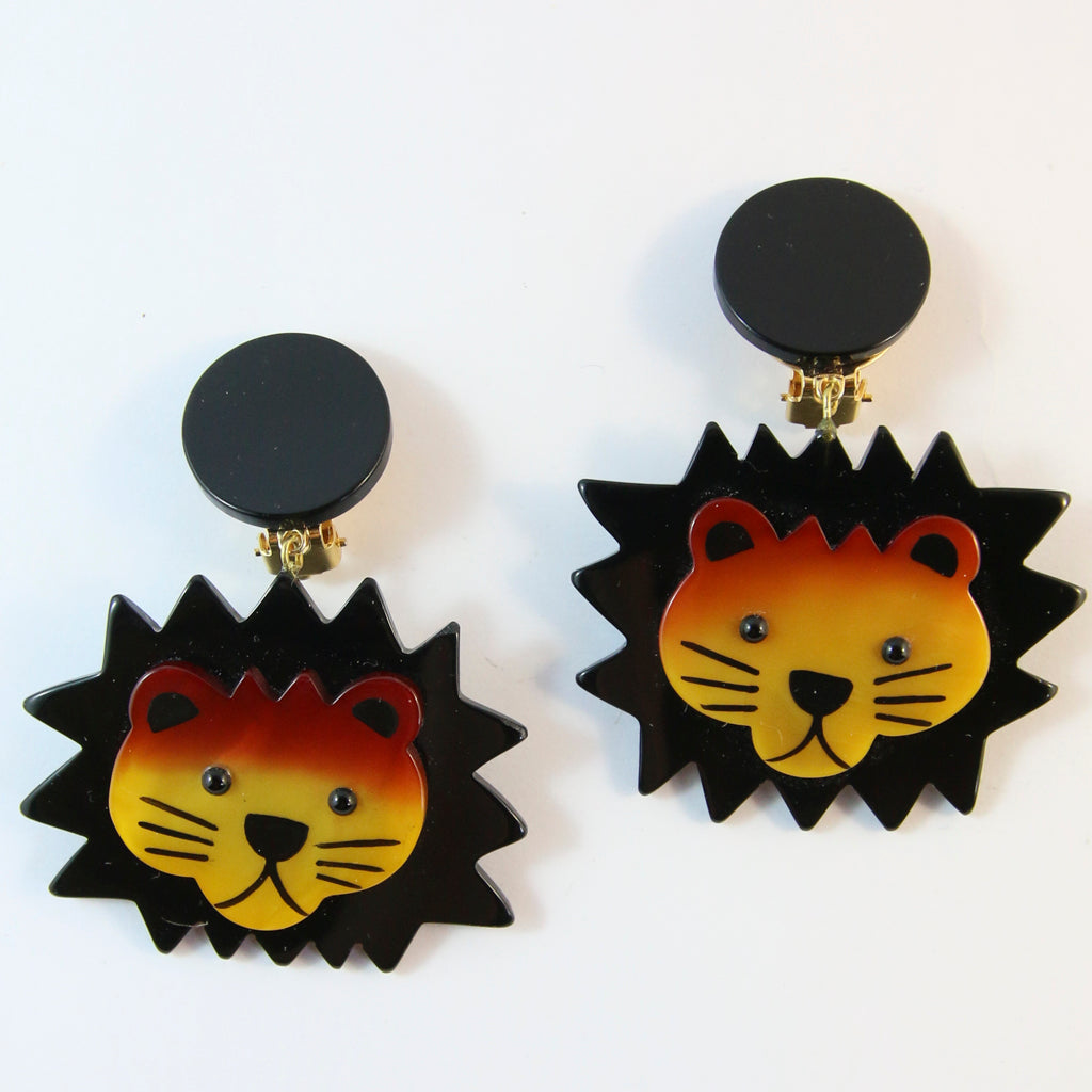 Pavone Signed Lion With Black Mane Earrings (Clip-On)