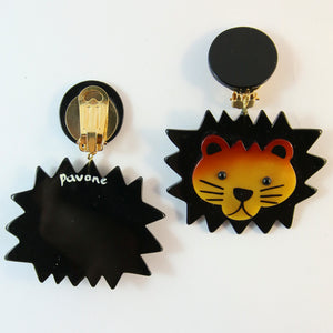 Pavone Signed Lion With Black Mane Earrings (Clip-On)