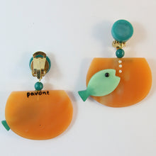 Load image into Gallery viewer, Pavone Signed Square Galalith Hand-Painted Fish Bowl Earrings - Orange/Mint (Clip-on)