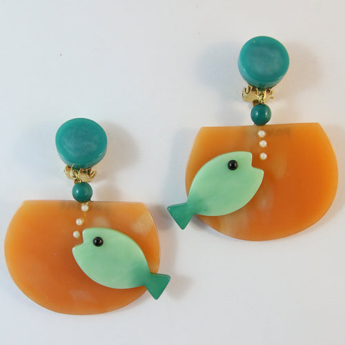 Pavone Signed Square Galalith Hand-Painted Fish Bowl Earrings - Orange/Mint (Clip-on)