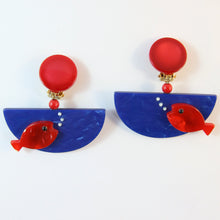 Load image into Gallery viewer, Pavone Signed Red Fish Blue Bowl Earrings (Clip-On)
