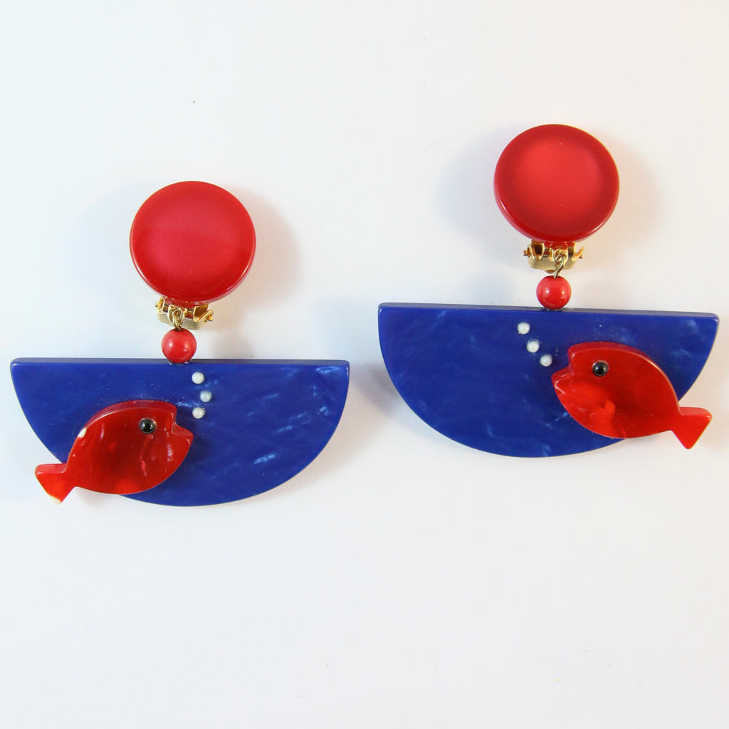 Pavone Signed Red Fish Blue Bowl Earrings (Clip-On)