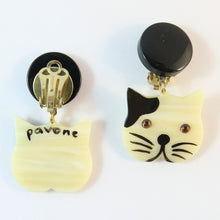 Load image into Gallery viewer, Pavone Signed Galalith Black Ear Cat Earrings (Clip-On)