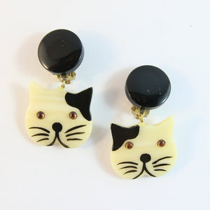 Pavone Signed Galalith Black Ear Cat Earrings (Clip-On)