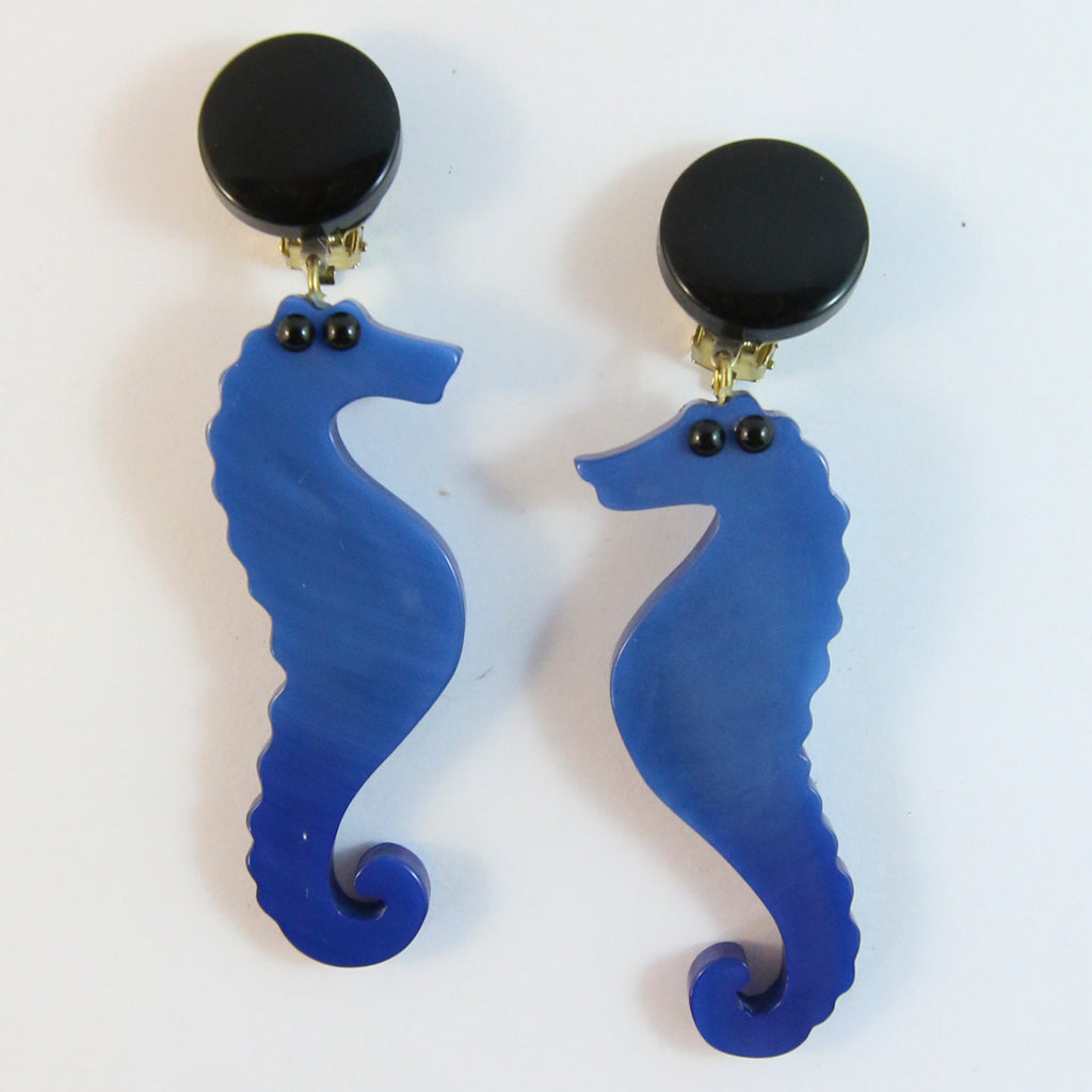 Pavone Signed Square Galalith Hand-Painted Dark Blue Seahorse Earrings (Clip-on)