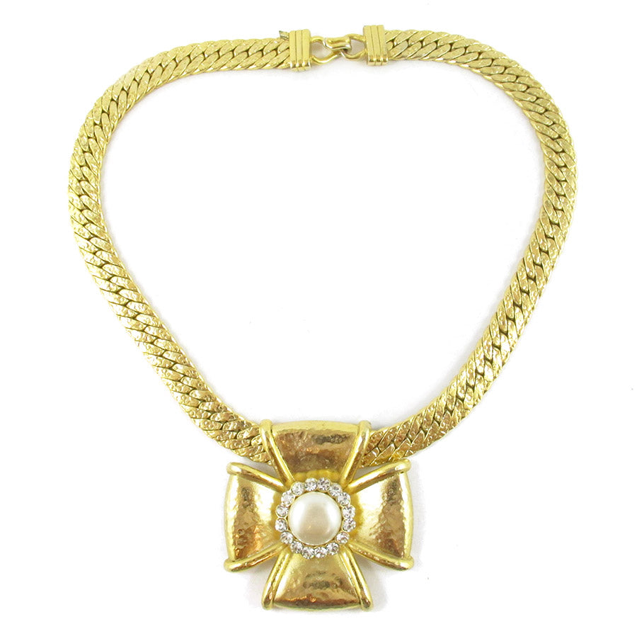 Vintage Signed 'Balenciaga Paris' Haute Couture Gold Cross & Faux Pearl Necklace