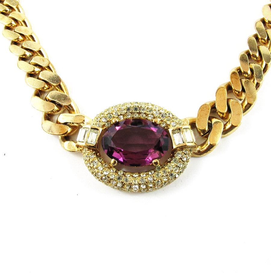 Vintage Signed 'Christian Dior' 1980's Gold Plated & Amethyst Necklace