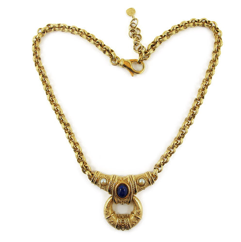 Vintage Signed 'Grosse' (Dior) Necklace with Faux Lapis & Pearl Pendant