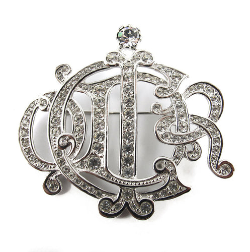 Vintage Signed 'Christian Dior' Faux Platinum & Rhinestone Logo Script Brooch