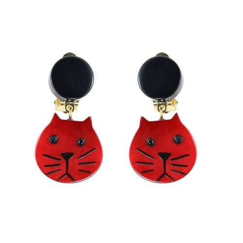 Pavone Signed Small Cat Earrings - Red (Clip-on)