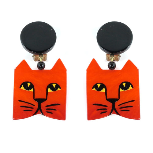 Pavone Signed Orange Square Cat Face Earrings - Orange (Clip-on)