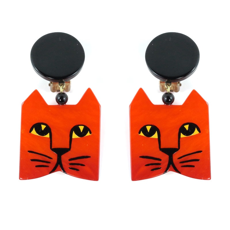 Pavone Signed Orange Square Cat Face Earrings - Orange (Clip-on)