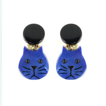 Load image into Gallery viewer, Pavone Signed Small Cat Earrings - Navy Blue (Clip-on)