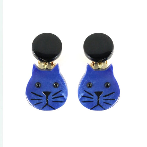 Pavone Signed Small Cat Earrings - Navy Blue (Clip-on)