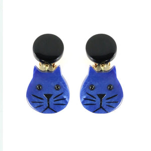 Pavone Signed Small Cat Earrings - Navy Blue (Clip-on)