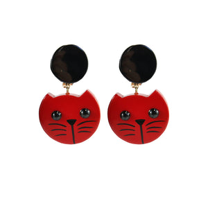 Pavone Signed Cherry Red Cat Face Earrings (Clip-On)