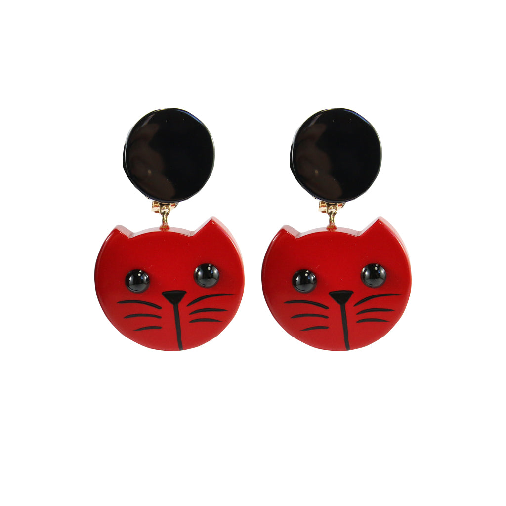 Pavone Signed Cherry Red Cat Face Earrings (Clip-On)