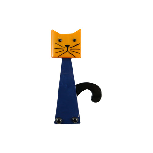 Pavone Signed Large Blue & Yellow Sitting Cat Brooch Pin