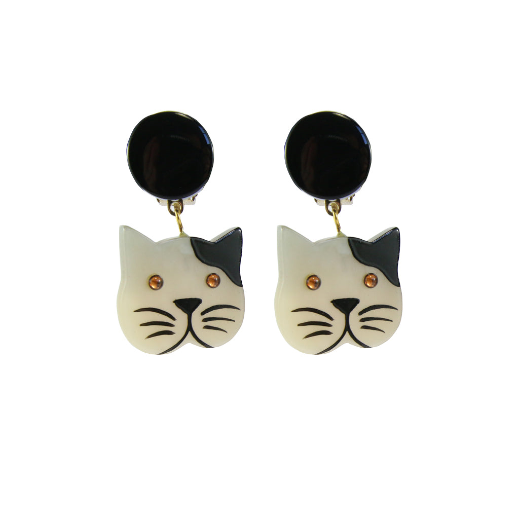 Pavone Signed Galalith Black Ear Square Cat Earrings (Clip-On)