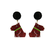 Load image into Gallery viewer, Pavone Signed Orange Black Checkered Green Collar Scottie Dog Earrings (Clip-On)