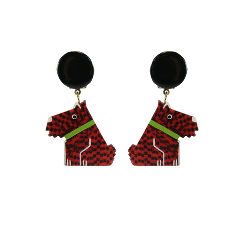 Pavone Signed Orange Black Checkered Green Collar Scottie Dog Earrings (Clip-On)
