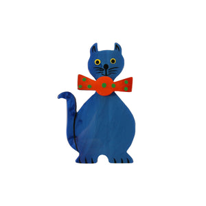 Pavone Signed Blue Cat with Orange Bow Tie Brooch Pin