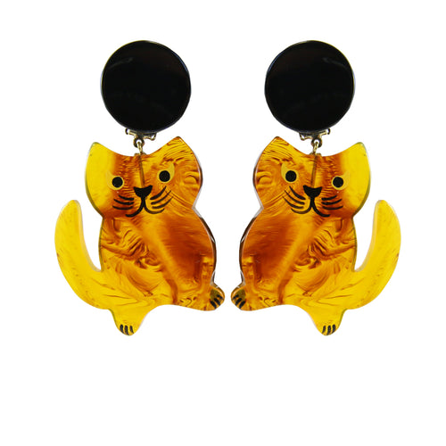 Pavone Signed Transparent Tortoiseshell Large Sitting Cat Earrings (Clip-On)
