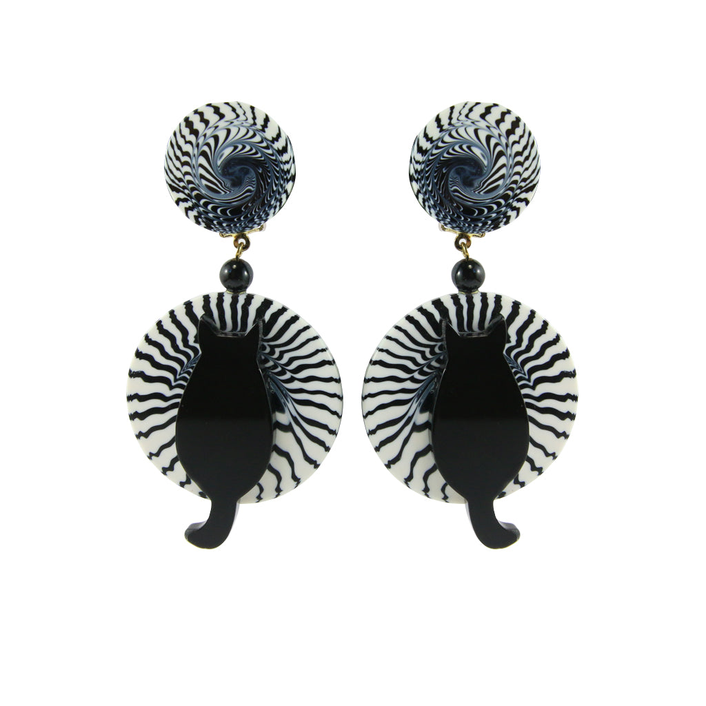 Pavone Signed Black White Psychedelic Disc Earrings (Clip-On)