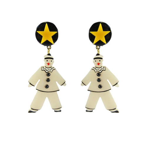 Pavone Signed Galalith Standing Clown Earrings (Clip-On)
